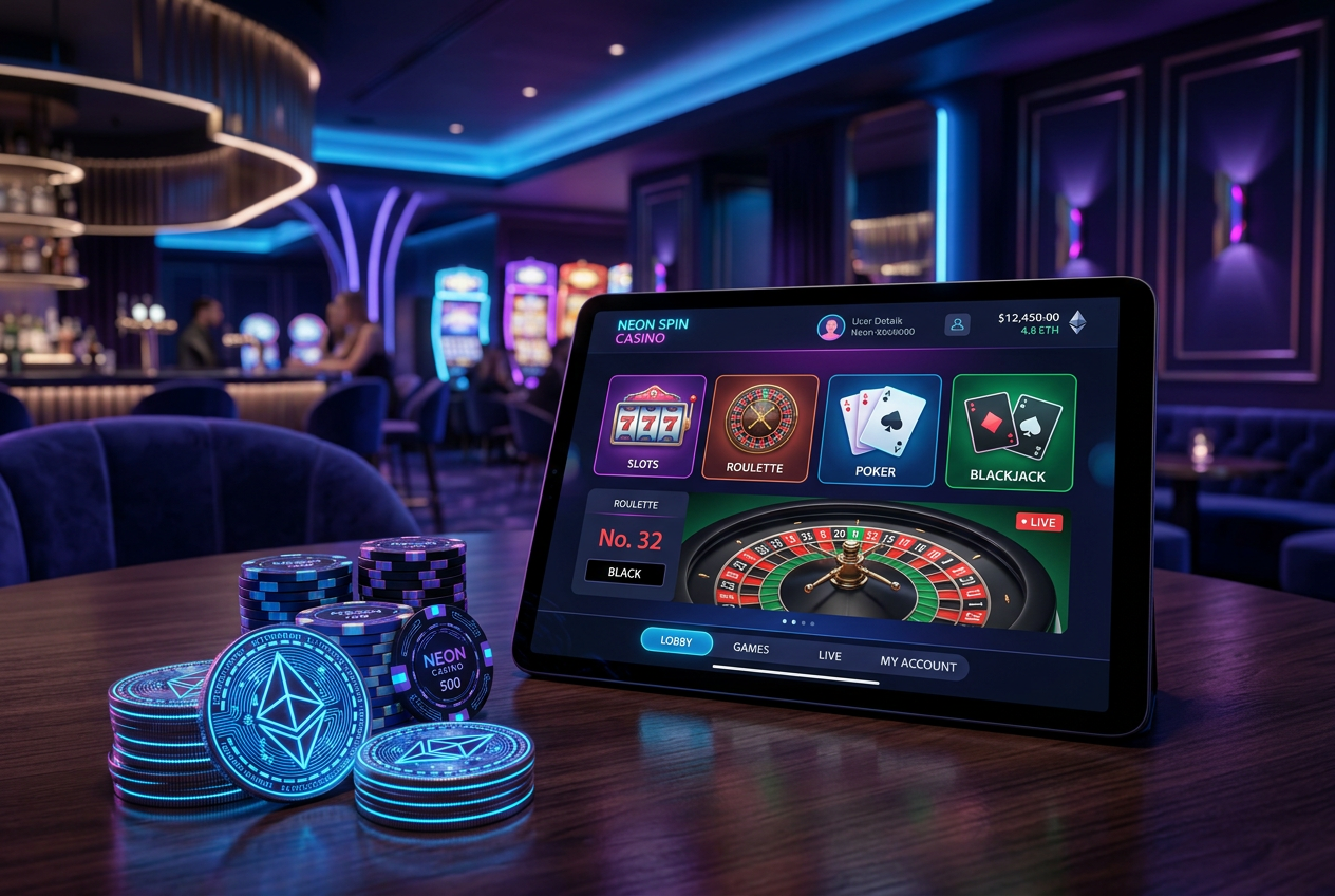 A luxury online casino setting featuring Ethereum symbols and digital chips.